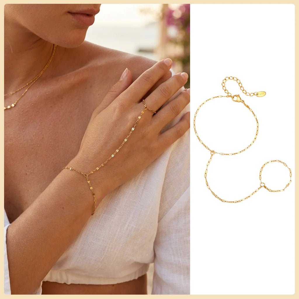 Gold Stainless Steel Hand Chain Ring Bracelet for Women
